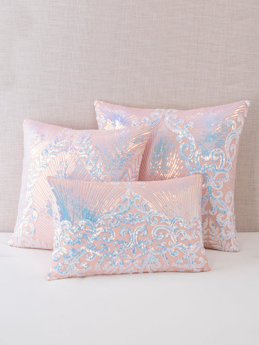 Angel Collection, Iridescent Pink Embroidered Sequin Decorative Throw Pillows by PacoRogiene HOME, Black Owned, Pink Sequin Throw Pillow, 20x20 Throw Pillow cover, 18x18 Throw Pillow cover, 12x18 Throw Pillow cover. Pink and blue Iridescent Sequin.