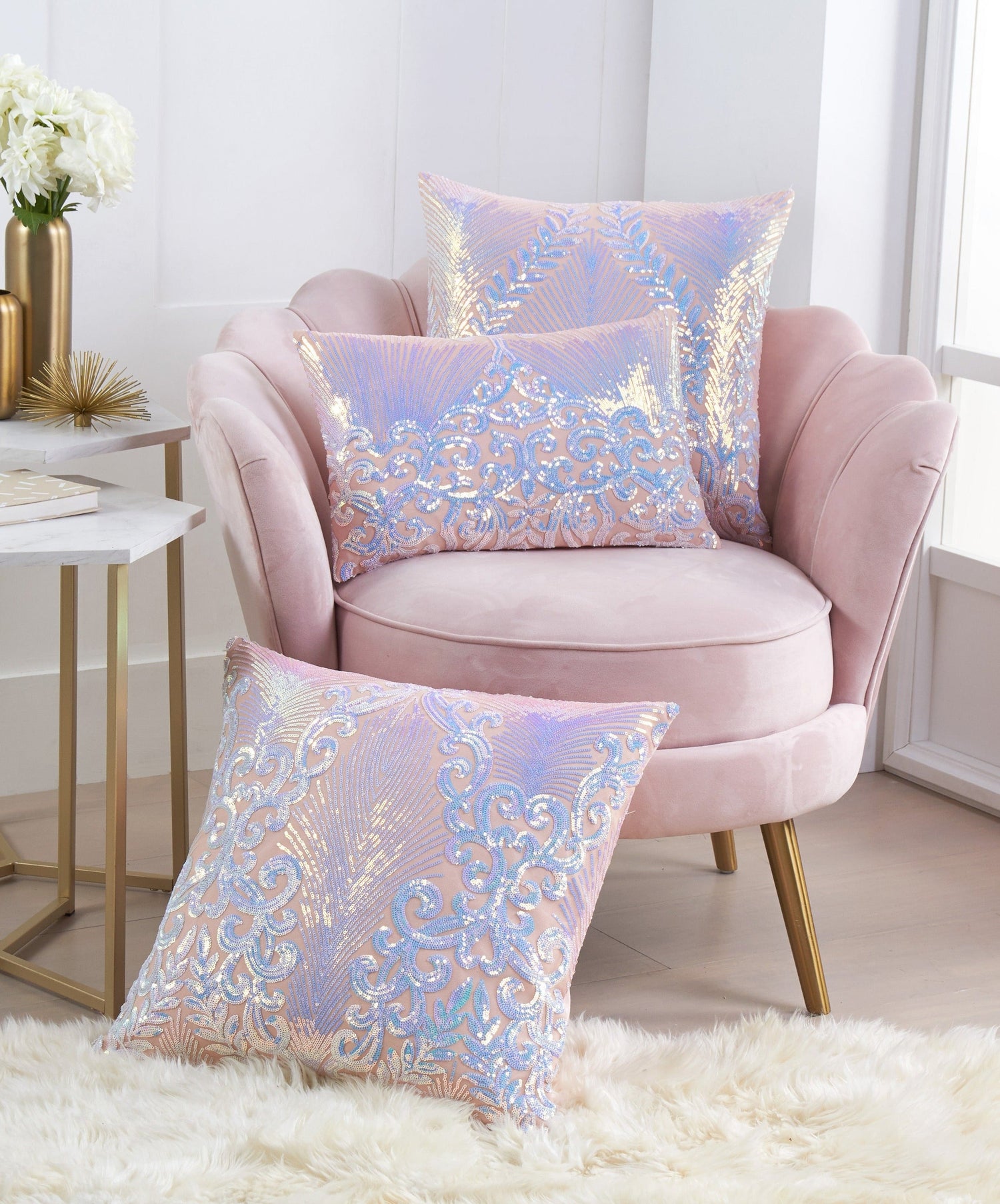 PacoRogieneHOME Angel Collection Sequin Decorative Throw Pillow Cover. Soft Pink Iridescent Sequin