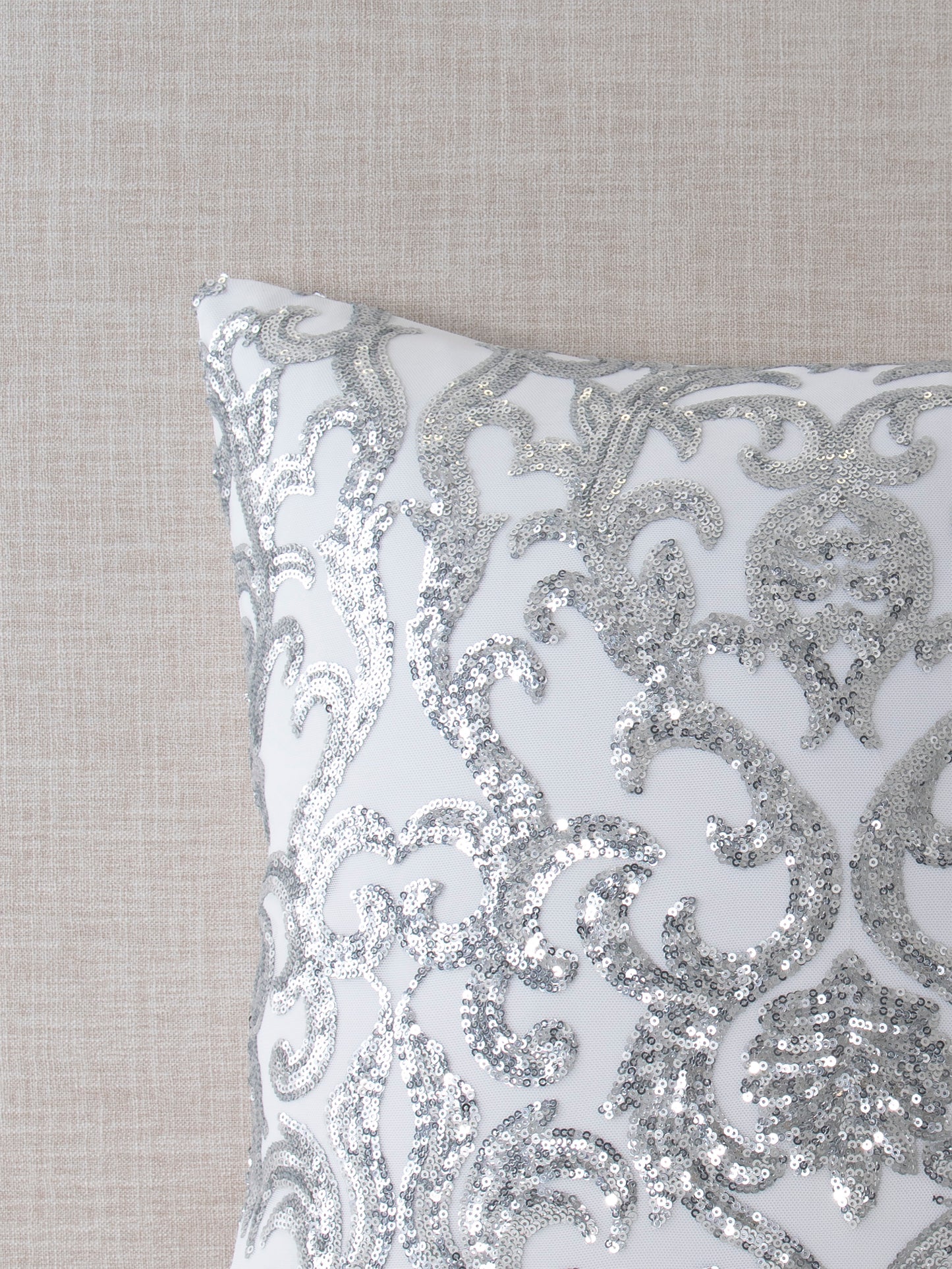 Floral Burst Silver Sequin Throw Pillow Cover - 20x20