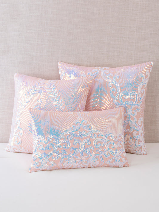 Angel Collection, Iridescent Pink Embroidered Sequin Decorative Throw Pillows by PacoRogiene HOME, Black Owned, Pink Sequin Throw Pillow, 20x20 Throw Pillow cover, 18x18 Throw Pillow cover, 12x18 Throw Pillow cover. Pink and blue Iridescent Sequin. 