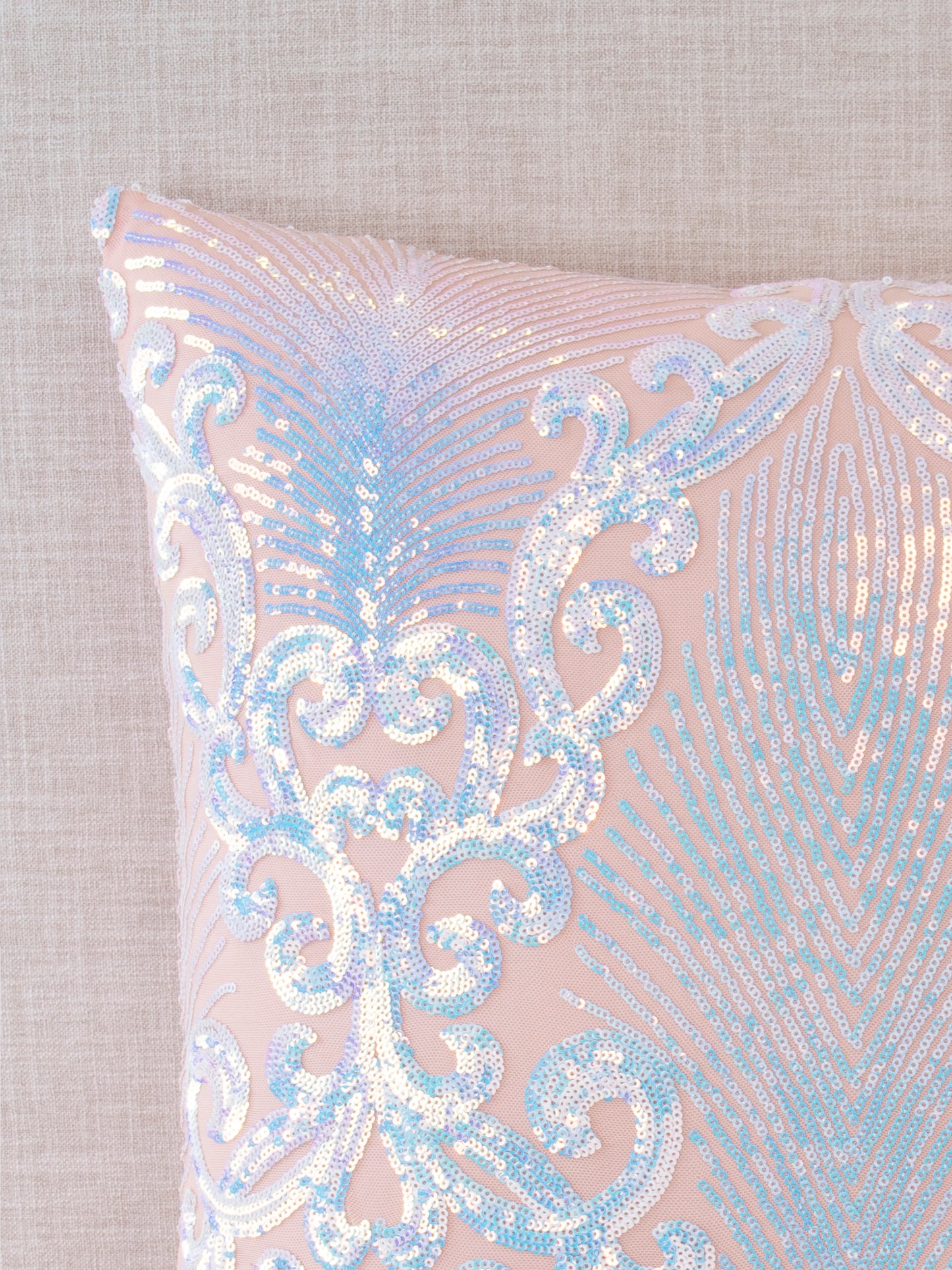 Angel Collection, Iridescent Pink Embroidered Sequin Decorative Throw Pillows by PacoRogiene HOME, Black Owned, Pink Sequin Throw Pillow, 20x20 Throw Pillow cover, Pink and blue Iridescent Sequin. 