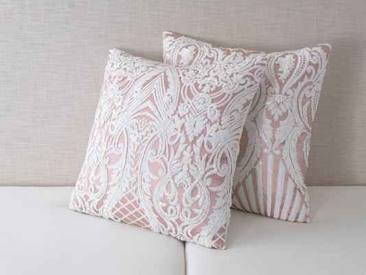 Regal Blush Embroidered Sequin Throw Pillow Cover - 20x20